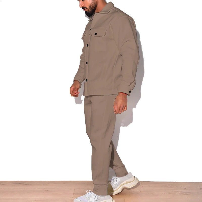 2023 Autumn Fashion Set Foreign Trade Trend Mens Button Suede Casual Jacket Pants 2 Piece 241223