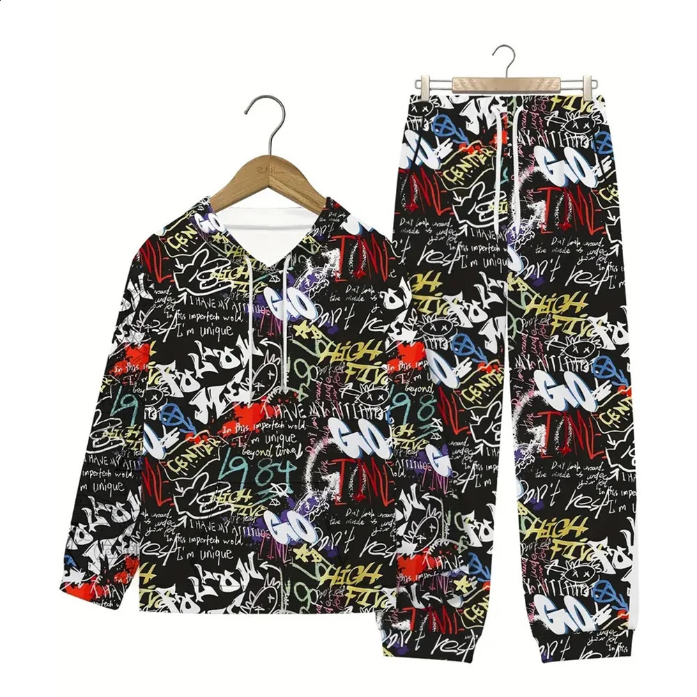 Font symbol 3D printing sports shirt set mens autumn/winter casual sports shirt jumping mens sports shirt set fashionable mens set 241231