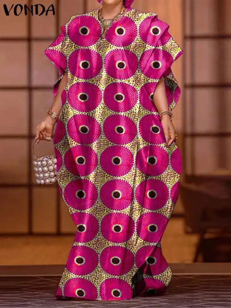 Womens Party Long Dress VONDA Bohemian Sundress Summer Batwing Sleeve Printed Dress Casual Loose Robe Fashion Tank Top 241231