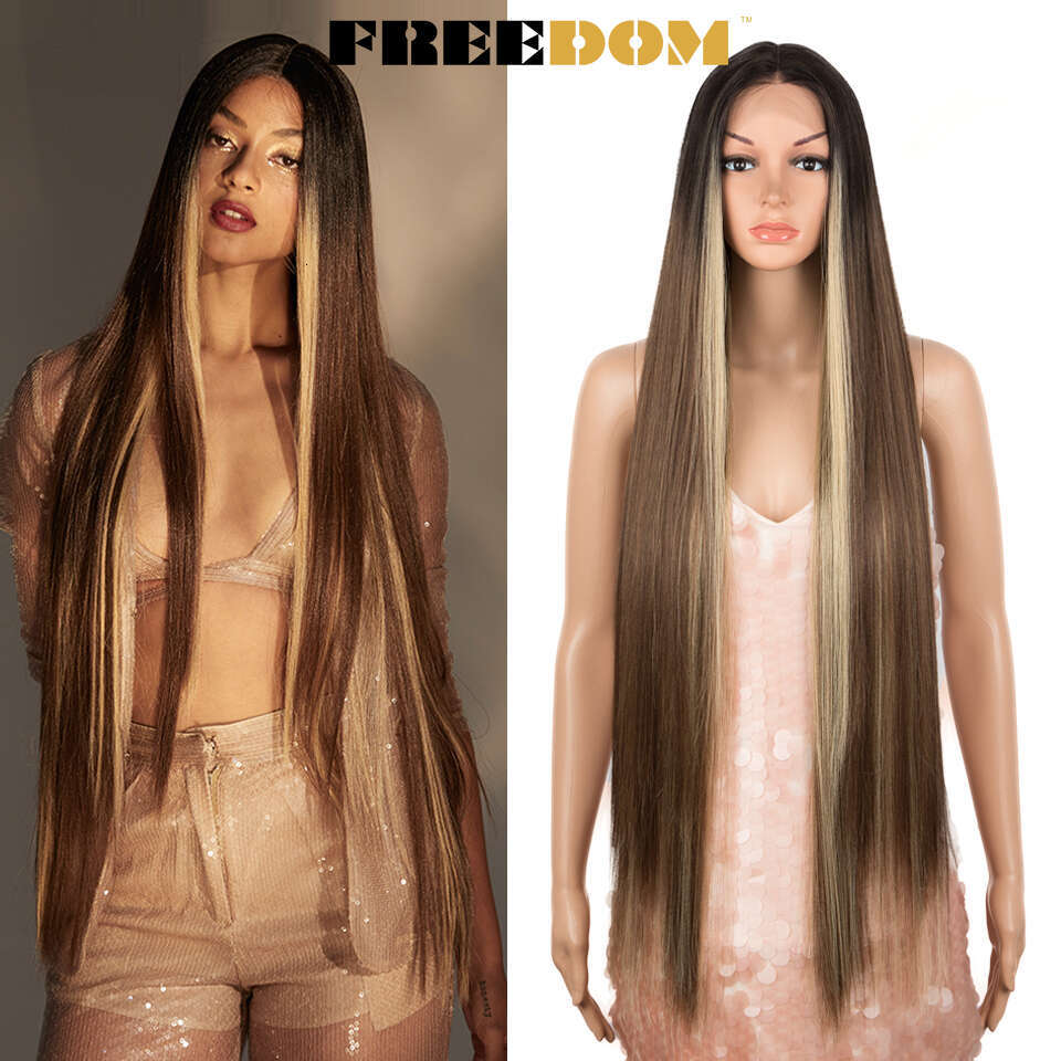 FREEDOM Synthetic Front For Women Super Long 38Inch Ombre Blonde Highlight Ginger Straight Lace Cosplay Wigs