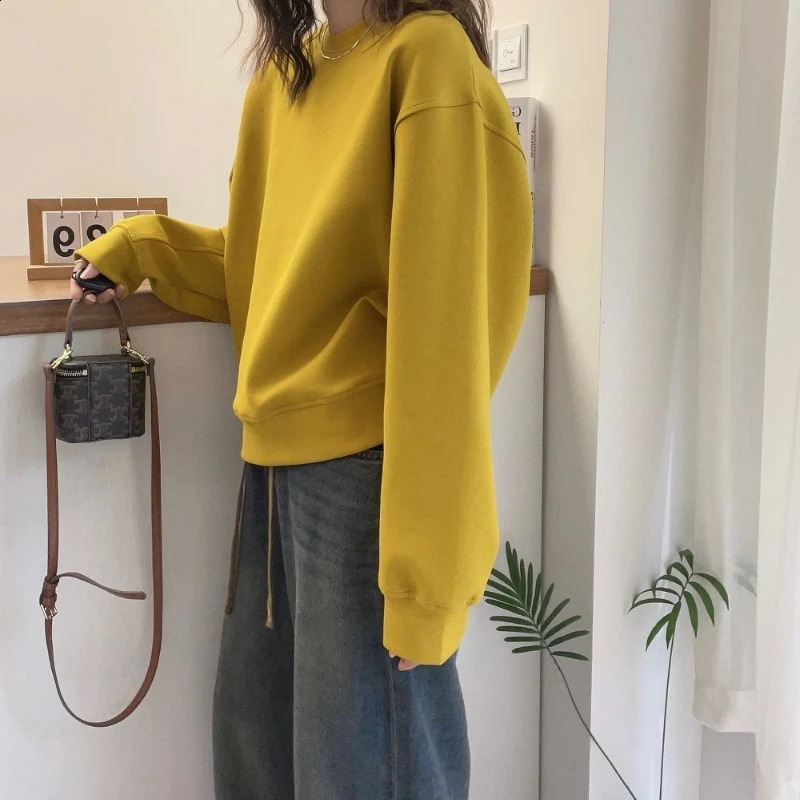 Autumn Winter Solid Color Round Neck Loose Casual Sweatshirts Sports Clothing Versatile Fashion Warm Interior Hoodies 241223