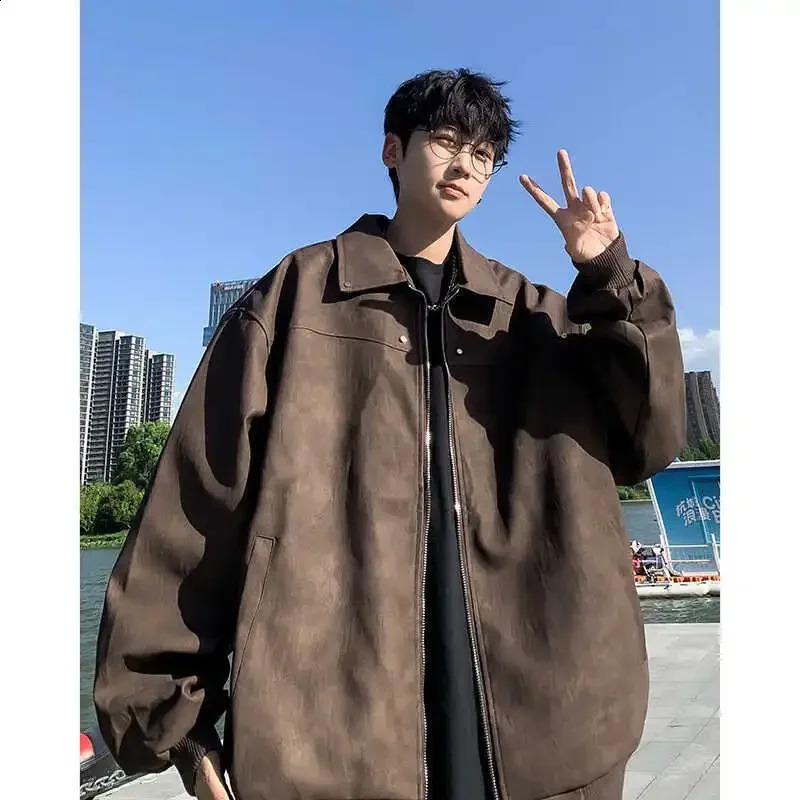 Trendy Pink Leather Jacket Vintage Distressed High-End Feel For Men Loose Fit American Style Maillard Clothing 241230