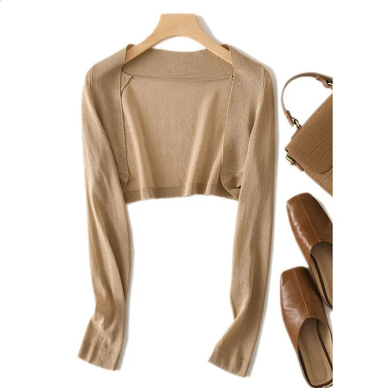 Women Knit Crop Top Long Sleeve Shrug Sweater Mesh Cover Ups Thin Cardigan Streetwear Cape Summer Shawl 241231