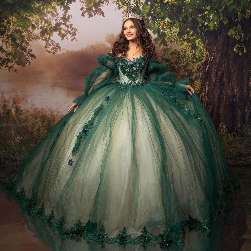 Green Shiny Quinceanera Dresses Off The Shoulder Lace Applique Beads Bow Tull Puff Sleeve Ball Gown Birthday Party Sweet 16 Vestidos De 15 Anos