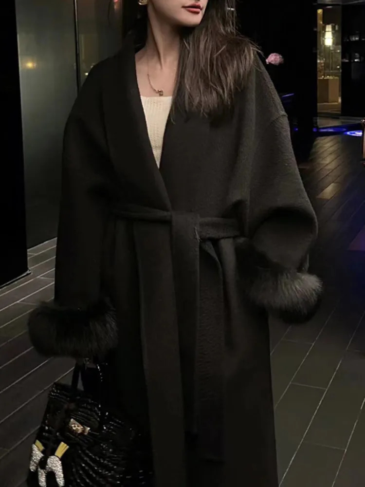 EWQ Chic Brown Woolen Coat Overcoat Wool Tops Chemisier Femme Gray Long Jacket Trendy Womens Clothing 2025 Winter 241231