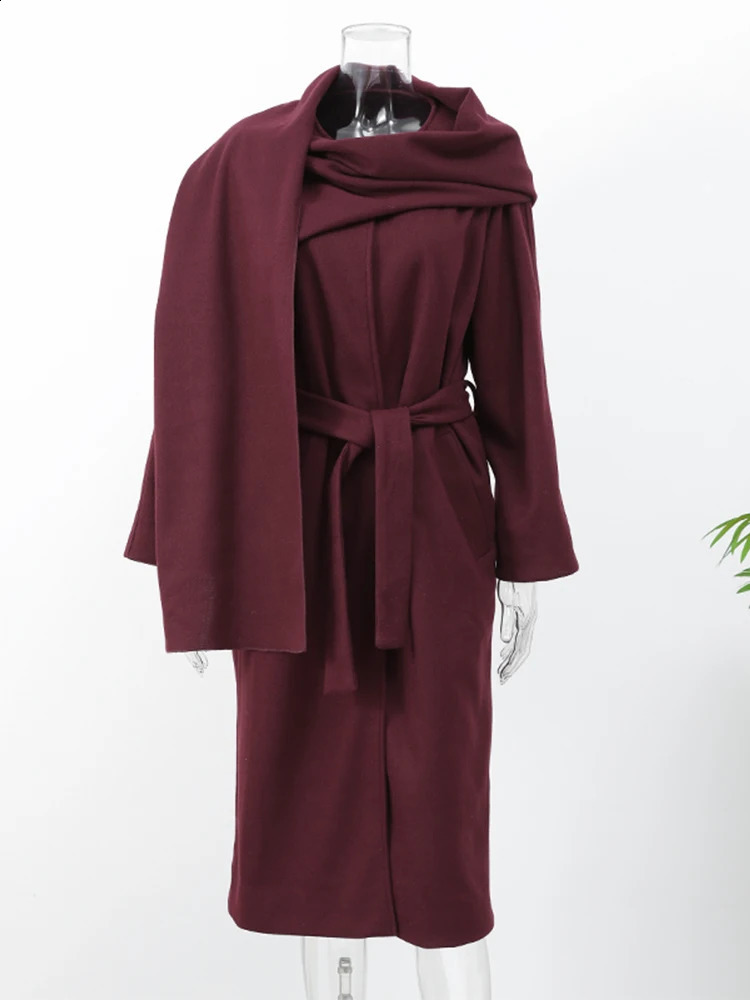 Womens Chic Burgundy Scarf Collar Woolen Long Coat Elegant Loose Full Sleeve Overcoat With Belt 2024 Autumn Winter Lady Outwear 241231Z