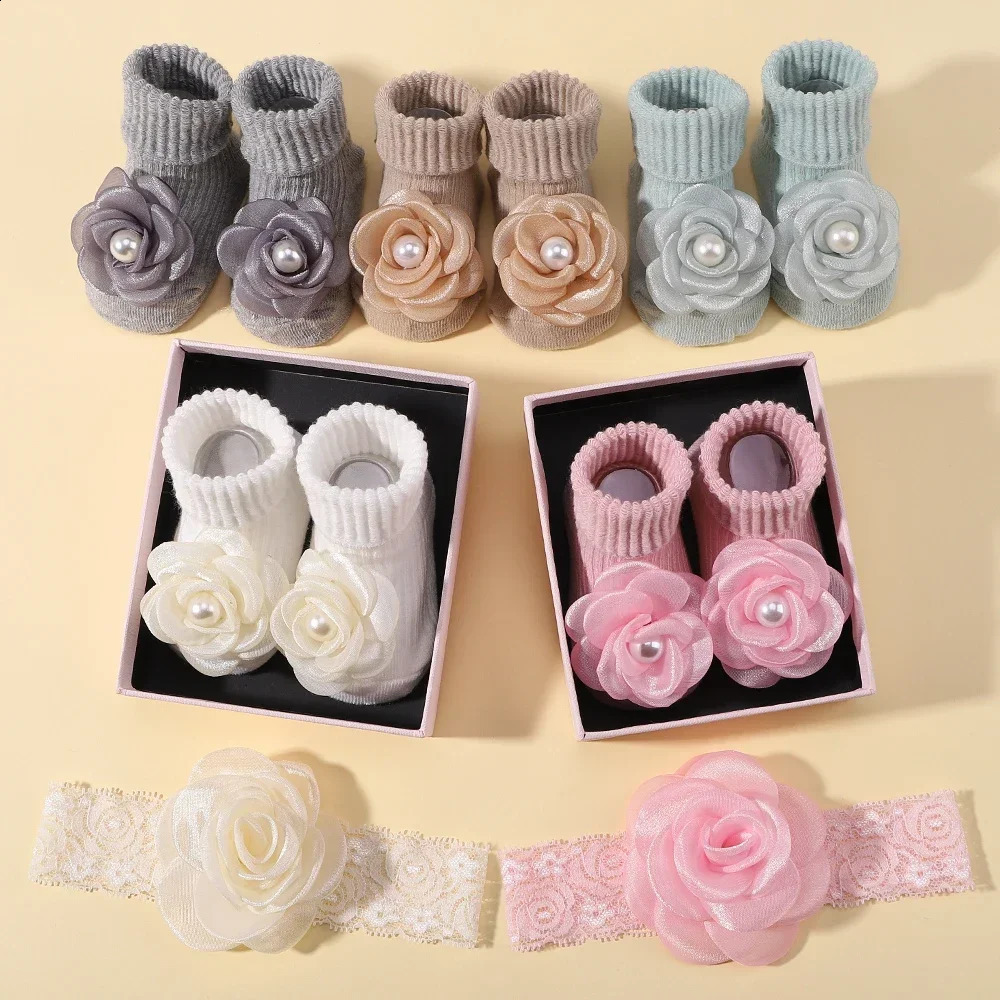 01Y Lovely Cartoon Baby Socks Hair Band Set Infant Toddler Non Slip Breathable Short born Headband Gift Po Props 241230