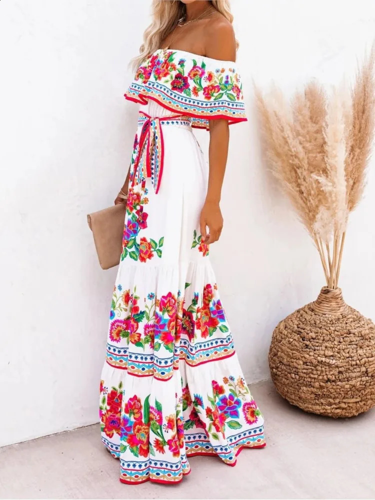 Summer Womens Printed Bohemian Dress Fashionable and Sexy Slant Neck Womens Long Dress Casual and Elegant Party Vestdos Dress Womens Dress 241231