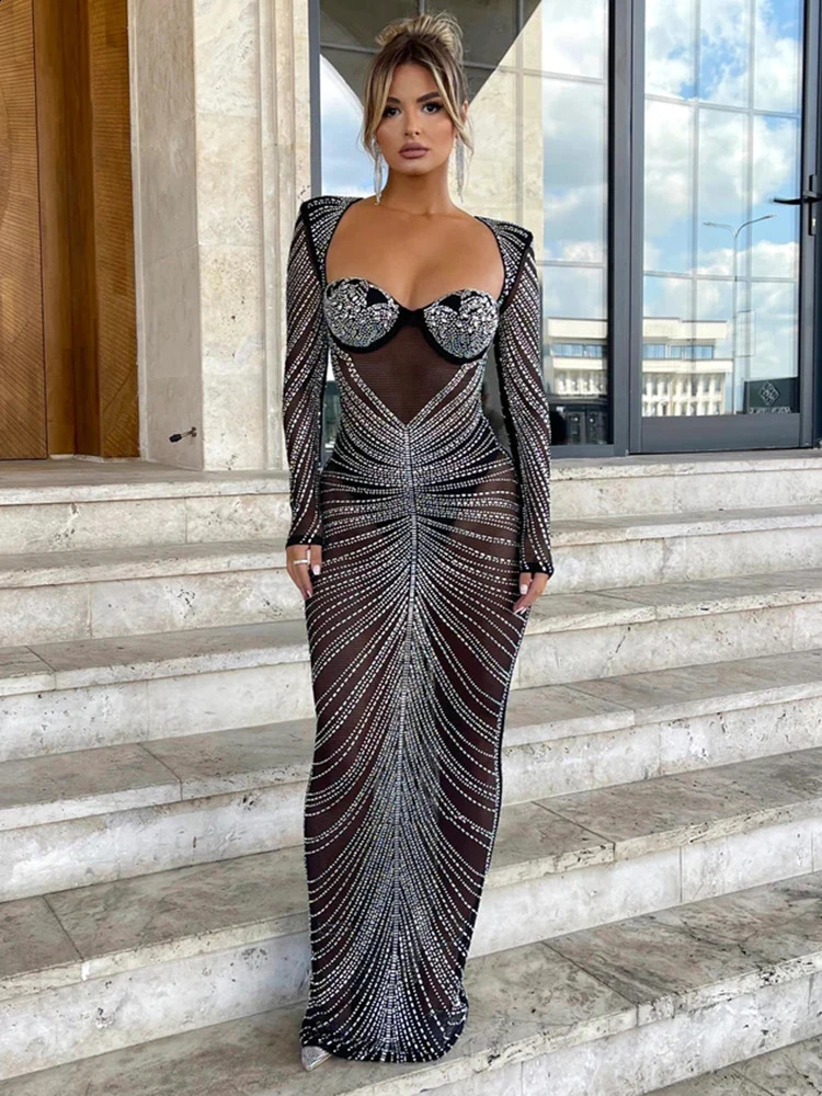 Mozision Glitter Mesh See Through Party Maxi Womens Fashion Full Sleeve Body Sexy Club Long Evening Dress Vestido 241231