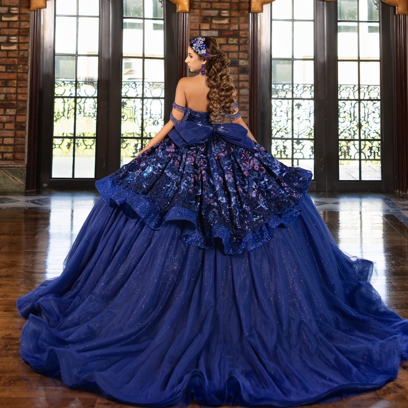 Royal Blue Shiny Quinceanera Dresses Off The Shoulder Lace Applique Bow Tull Ball Gown Birthday Party Sweet 16 Dress Vestidos De 15 Anos