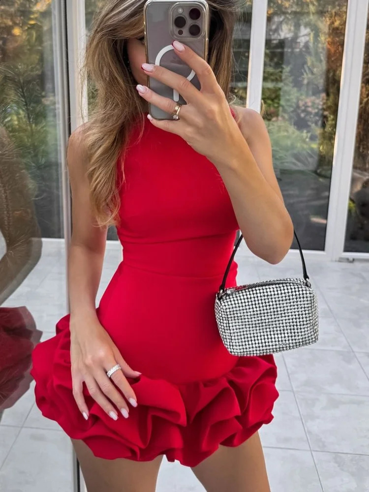 Elegant solid pleated hem sleeveless tight fitting dress for womens sexy round neck ultra-thin mini vest fashionable womens party dress 241231