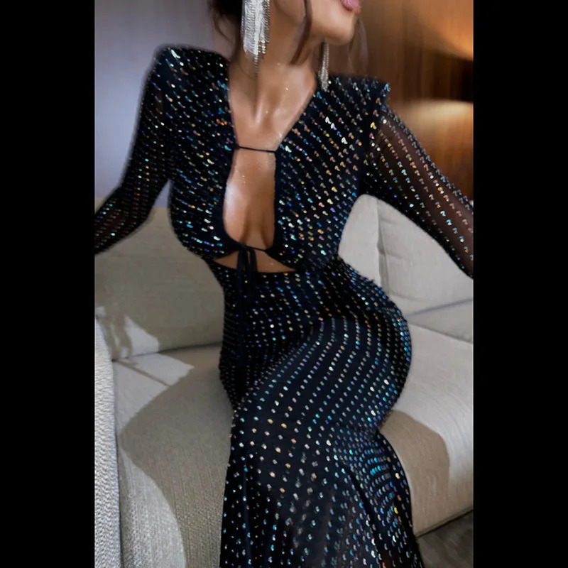 Cryptographic Fashion Sequins Tie Front Maxi Dress Suitable for Elegant Party Club Clothing for Women Womens Long Sleeve Bandage Dress 241231