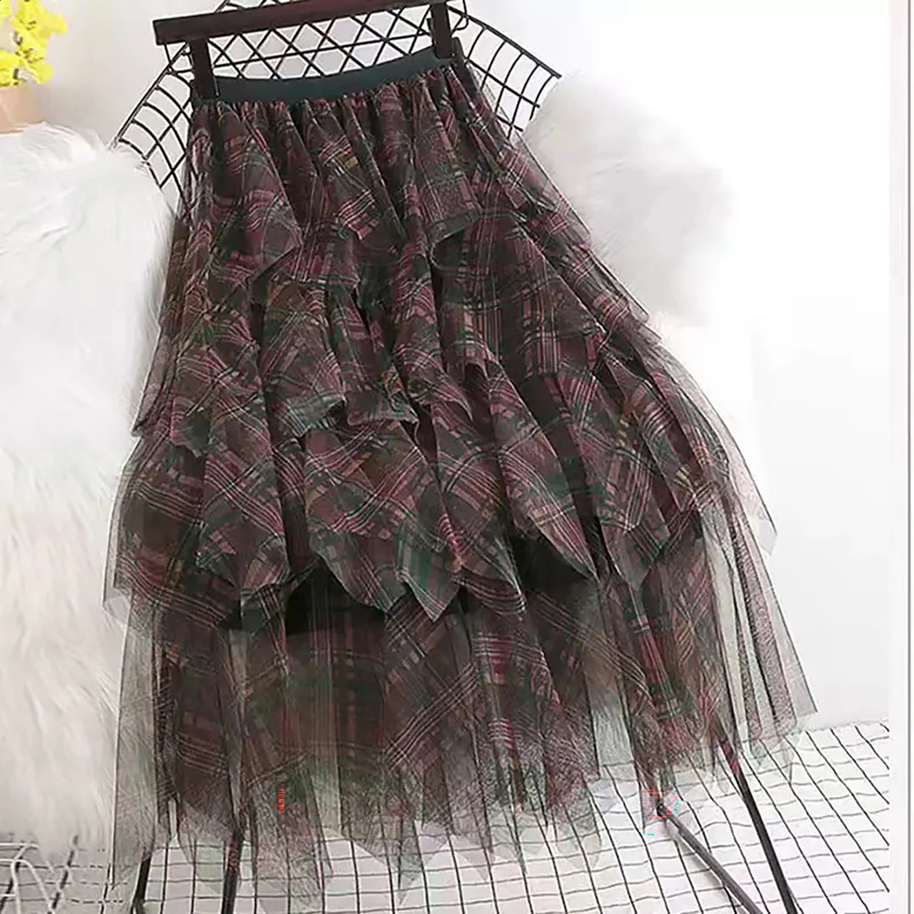 Fashion Gauze Womens Skirts Summer Jupe 2024 Faldas Mujer De Moda High Waist A-line Sweet Saia Irregular Casual Plaid Skirt 241231