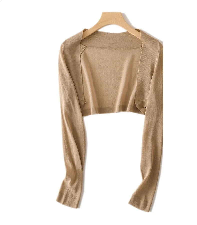 Women Knit Crop Top Long Sleeve Shrug Sweater Mesh Cover Ups Thin Cardigan Streetwear Cape Summer Shawl 241231