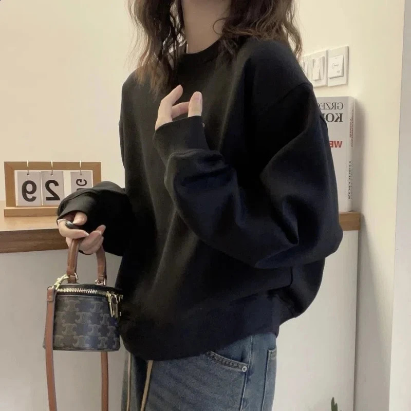 Autumn Winter Solid Color Round Neck Loose Casual Sweatshirts Sports Clothing Versatile Fashion Warm Interior Hoodies 241223