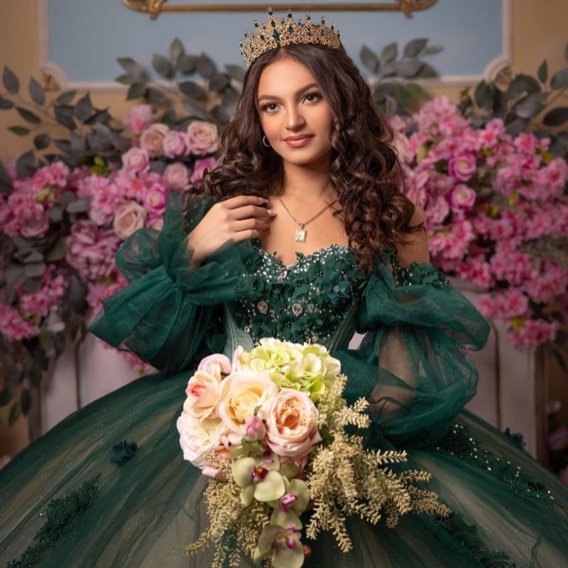 Green Shiny Quinceanera Dresses Off The Shoulder Lace Applique Beads Bow Tull Puff Sleeve Ball Gown Birthday Party Sweet 16 Vestidos De 15 Anos