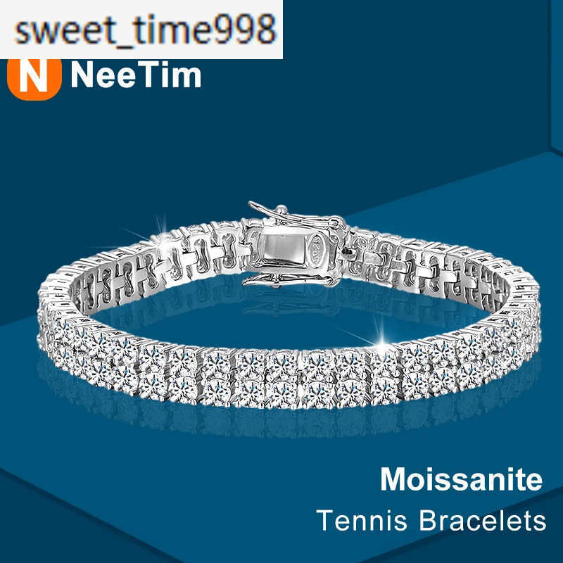 NeeTim 3mm Double Row Moissanite Tennis Bracelets for Women S925 Sterling Silver Gemstone Sparkling Diamond Chain with GRA Gifts