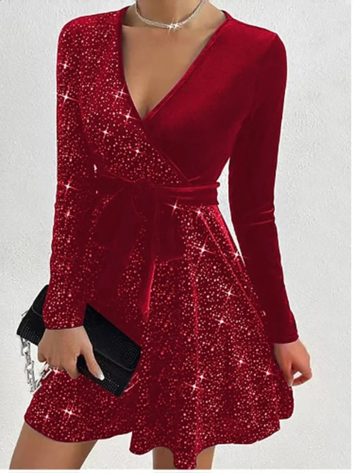 Sexy deep V-long sleeved sequined dress for womens party solid color mini dress elegant autumn evening gown 241231