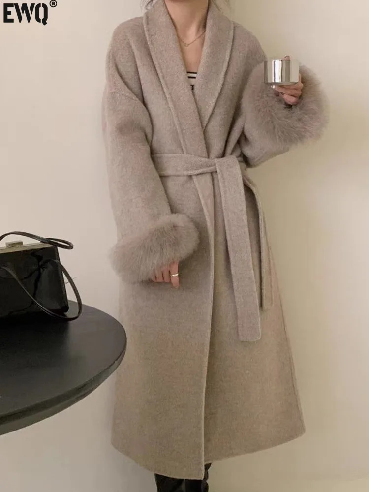 EWQ Chic Brown Woolen Coat Overcoat Wool Tops Chemisier Femme Gray Long Jacket Trendy Womens Clothing 2025 Winter 241231