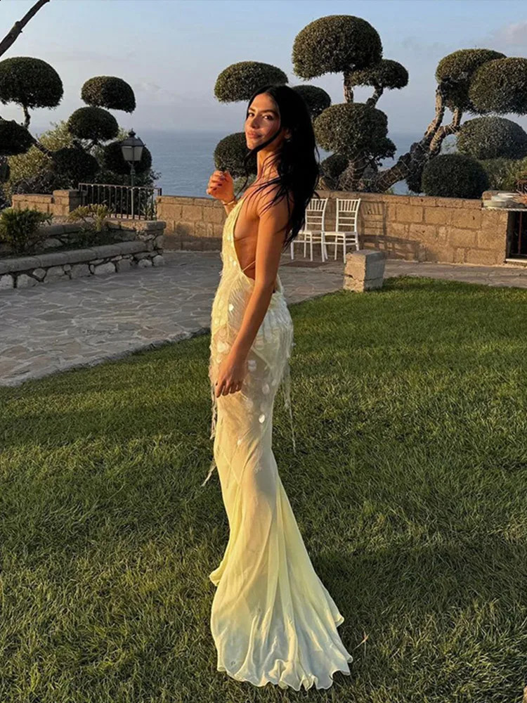 Sparkling sequins womens suspender dress sexy V-neck sleeveless backless Hip bag womens mermaid dance dress womens evening dress party dress 241231