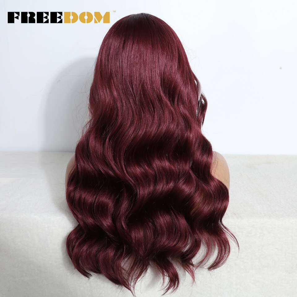 FREEDOM Synthetic Lace Front For Women 22 Inch Body Wave Ombre Brown Blonde Wine Red Wig Easy Wear White Cosplay Wigs