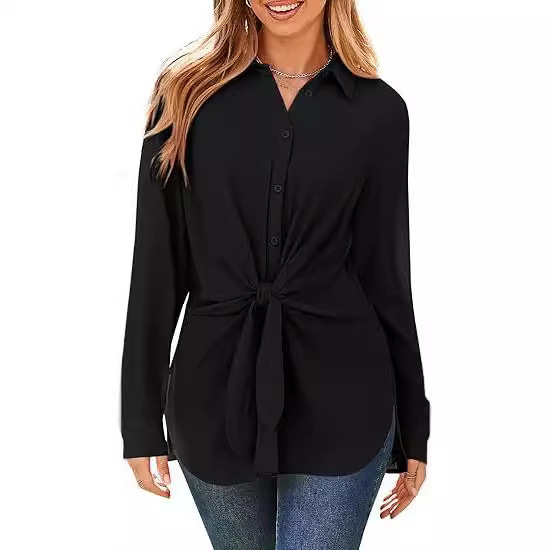 Womens Button Up Shirt Long Sleeved Waistband Lace Up Slit Dress Shirt Casual Top