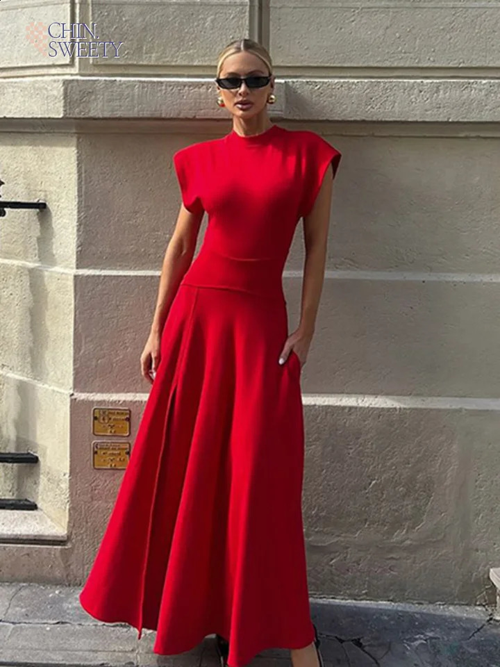 Fashion shoulder pad O-neck red Maxi dress for women elegant sleeveless long sleeved womens fashion party high street dress 241231