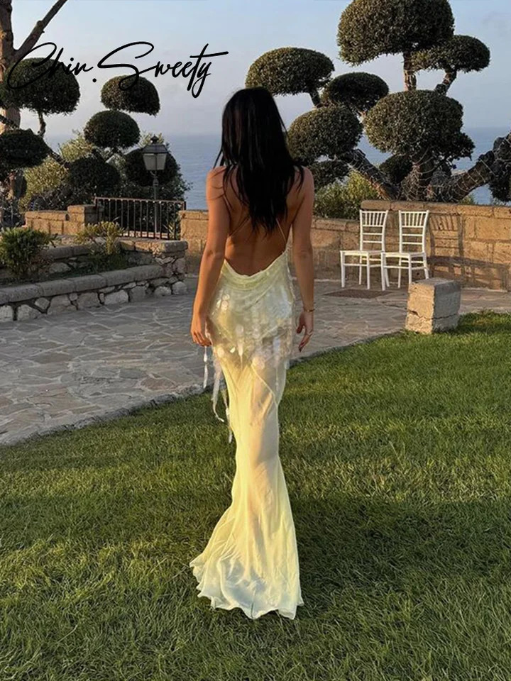 Sequin camisole womens evening dress sexy patch work sleeve backless deep V-neck womens party dress happy womens dress 241231