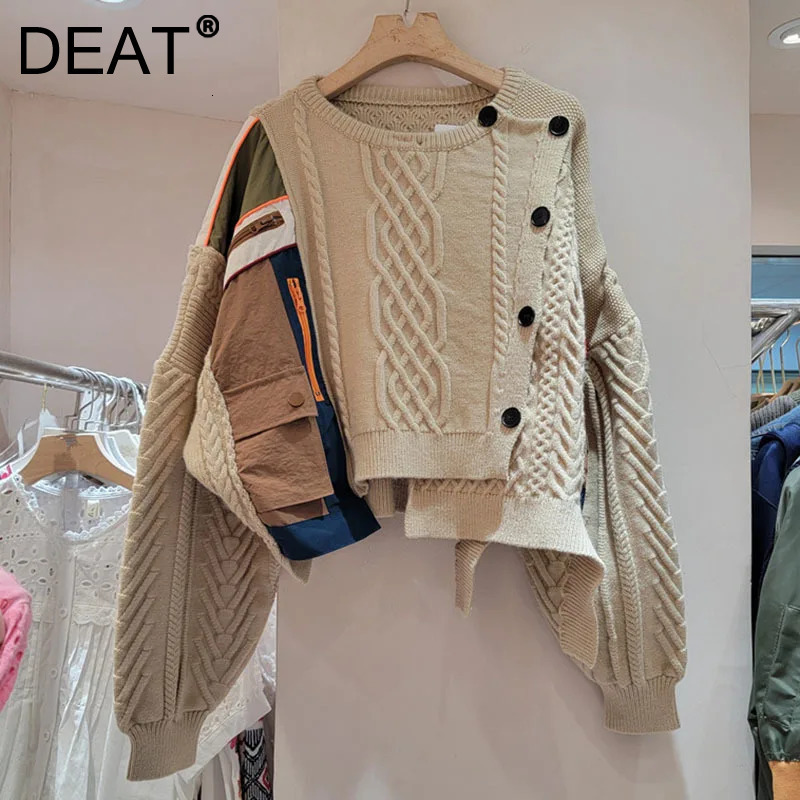 DEAT 2024 Autumn New Niche Design Irregular Splicing Knitted Sweater For Women Fashion Loose Single-Breasted Pullover 33A2043
