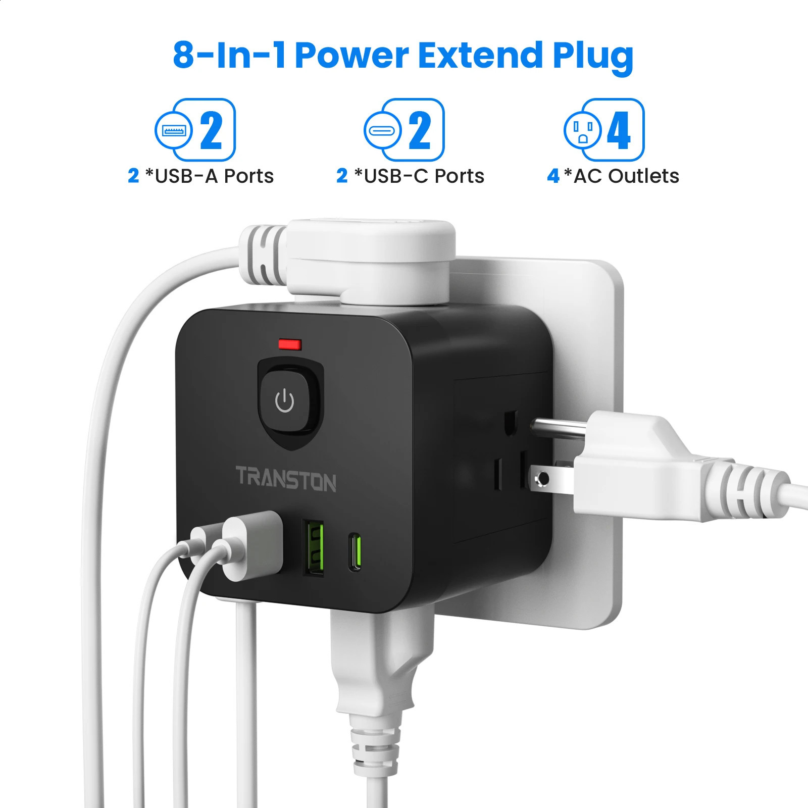 Mini portable cube power socket with surge protector 4 sockets 2 USB TypeC suitable for home travel office Black 241220