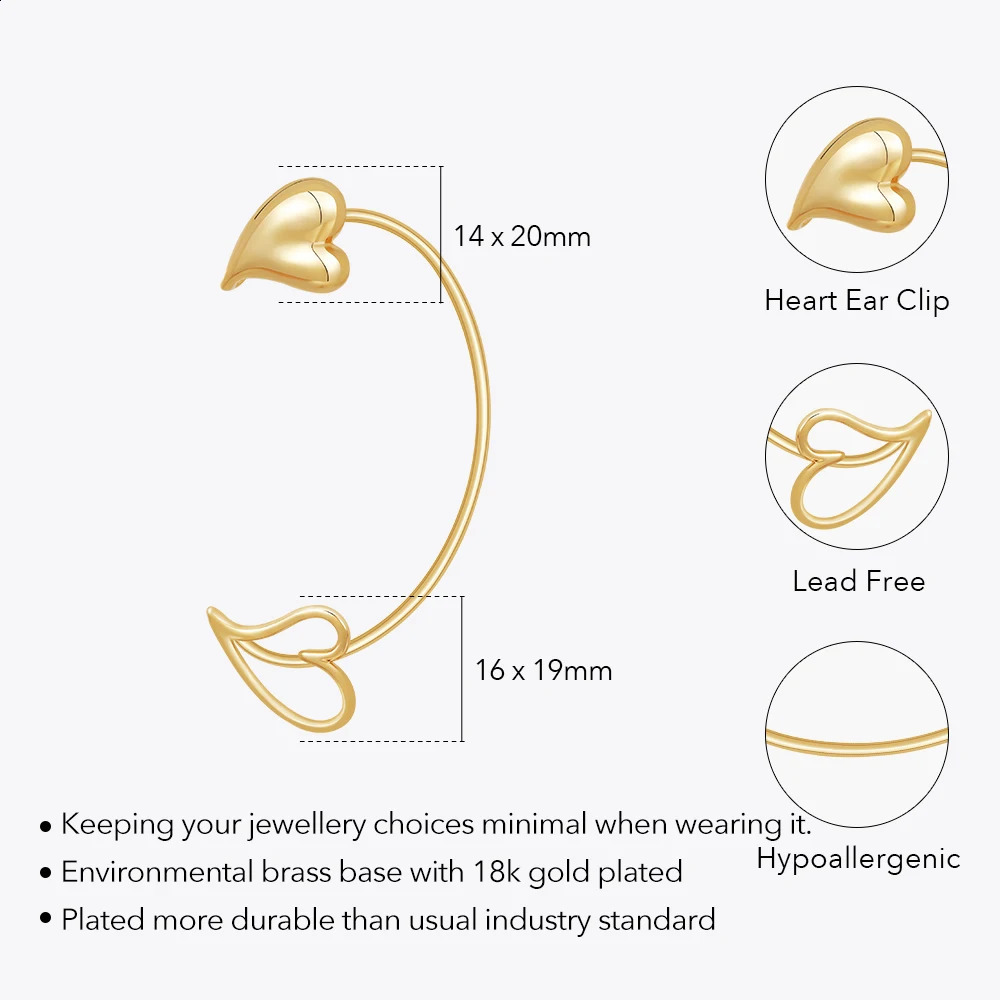 ENFASHION Heart Ear Clip For Women Aretes De Mujer Cuff 18K Pated Gold Color Fashion Jewelry Everydaywear Office E231457G 241225