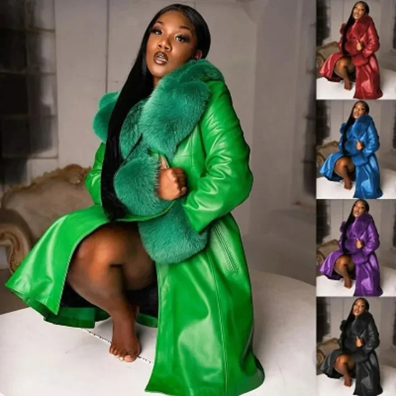 Model 2023 Women Leather Coat Fur Collar Casual Winter Lapel Long Sleeve PU Zipper Plus Size Fashion Womens Cozy Jackets 241223