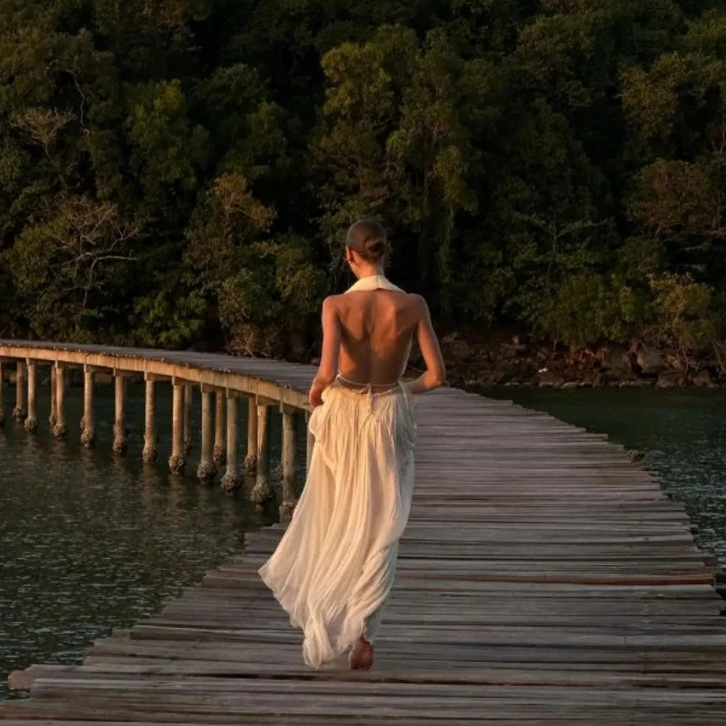 Bohemian fringe patchwork bandage womens long skirt sexy deep V-sleeves white dress womens holiday beach vest 241231