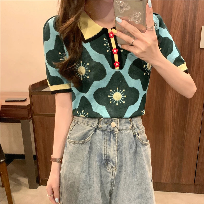 Women Puff Short Sleeve Printed Flowers Sweaters Shirts Polo Collar Cropped Thin Sweater Pullover Crop Top For Female 241231
