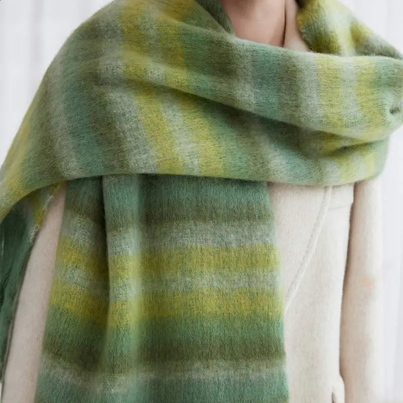 Home>Products> Retro Cashmere Scarf Womens Fashion Green Moher Striped Scarf Korean Classic Thick Warm Soft Shawl 241230