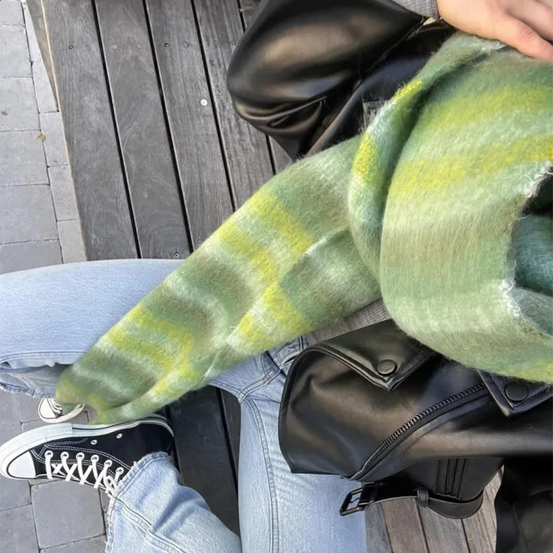 Home>Products> Retro Cashmere Scarf Womens Fashion Green Moher Striped Scarf Korean Classic Thick Warm Soft Shawl 241230