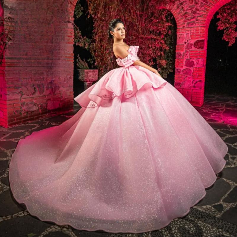 Light Pink Quinceanera Dresses Ball Gown Off The Shoulder Applique Lace Beads Tull Party Birthday Sweet 16 Vestido De 15 Anos