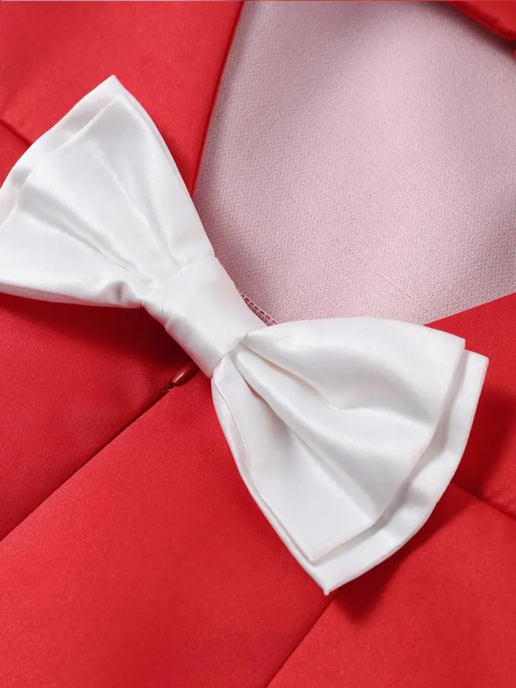 Elegant bow Halloween mini dress womens red O-neck short sleeved high waisted A-line dress womens 2025 fashion party evening dress 241231