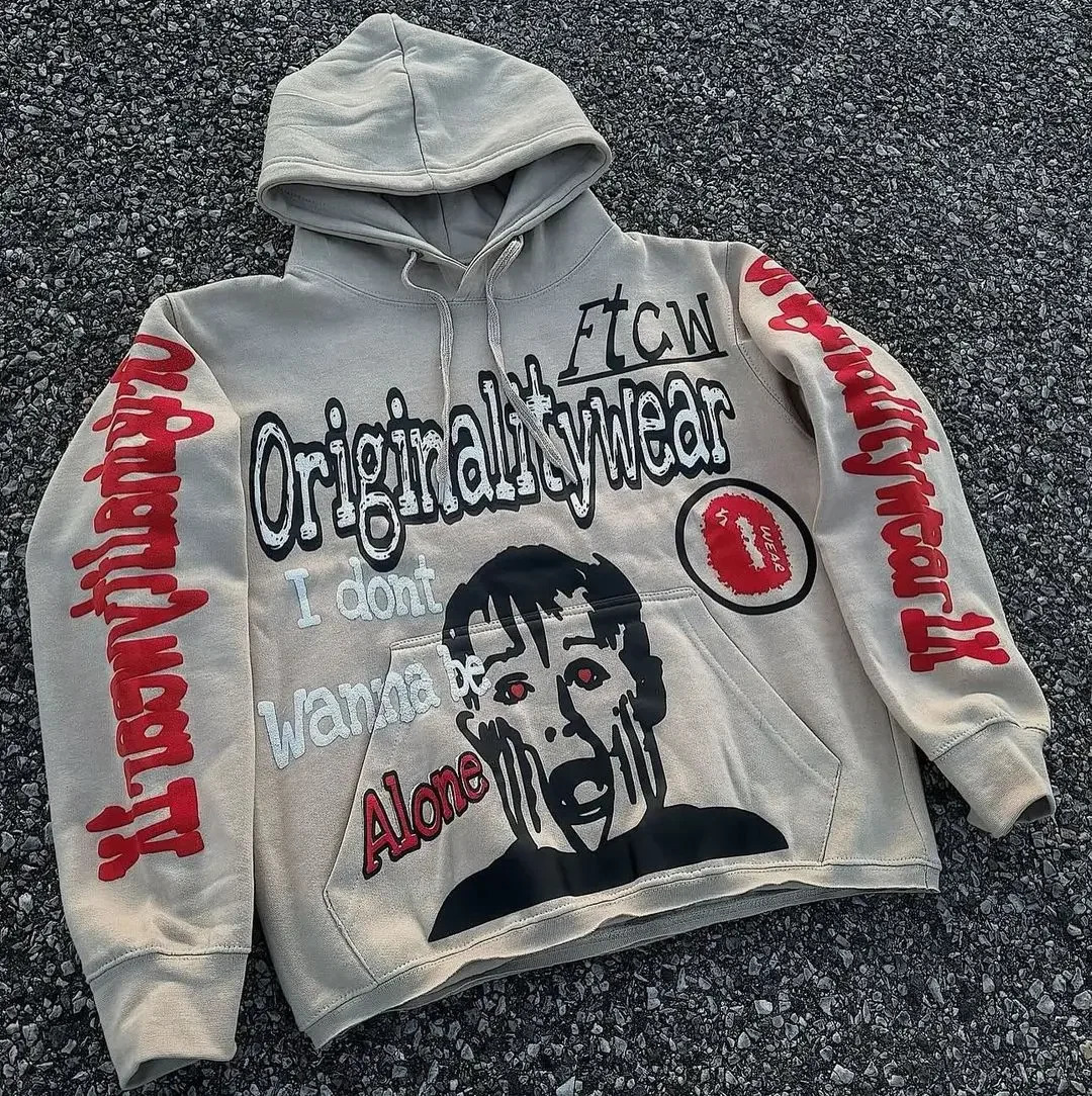 Mens letter and pattern printed hoodie autumn Y2k retro sportswear loose casual punk Harajuku long sleeved floral clothing 241231