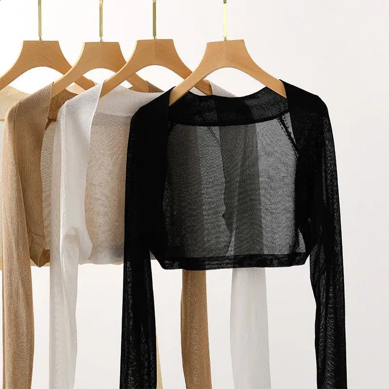 Women Knit Crop Top Long Sleeve Shrug Sweater Mesh Cover Ups Thin Cardigan Streetwear Cape Summer Shawl 241231