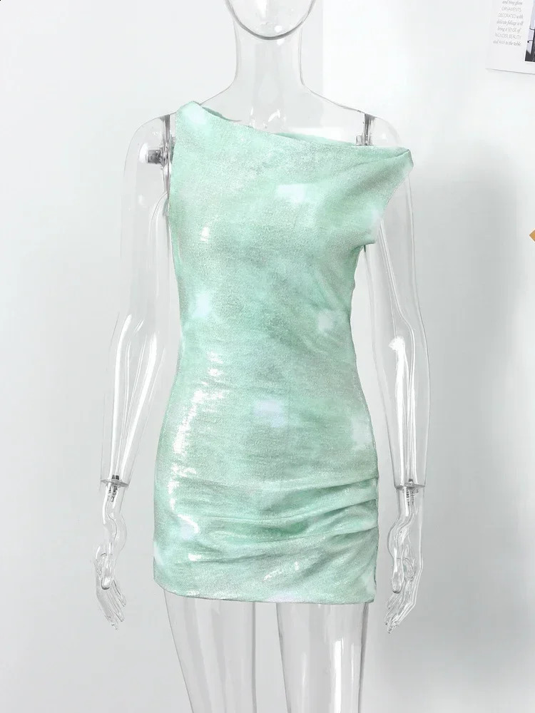Sexy sequined one shoulder mini dress for women ultra-thin sleeveless sloping collar zipper sparkling party dress summer womens evening dress 241231