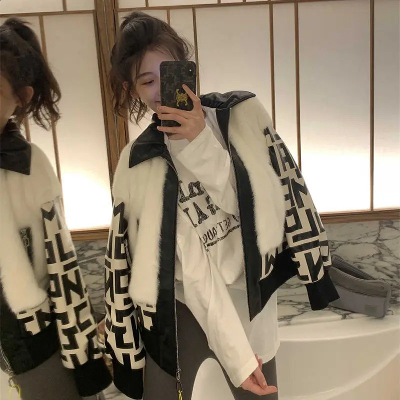 Vintage Fur Lamb Wool Pu Patchwork Zipper Jacket Fashion Printed Leather Streetwear Coat Female 2024 Autumn Winter 241223