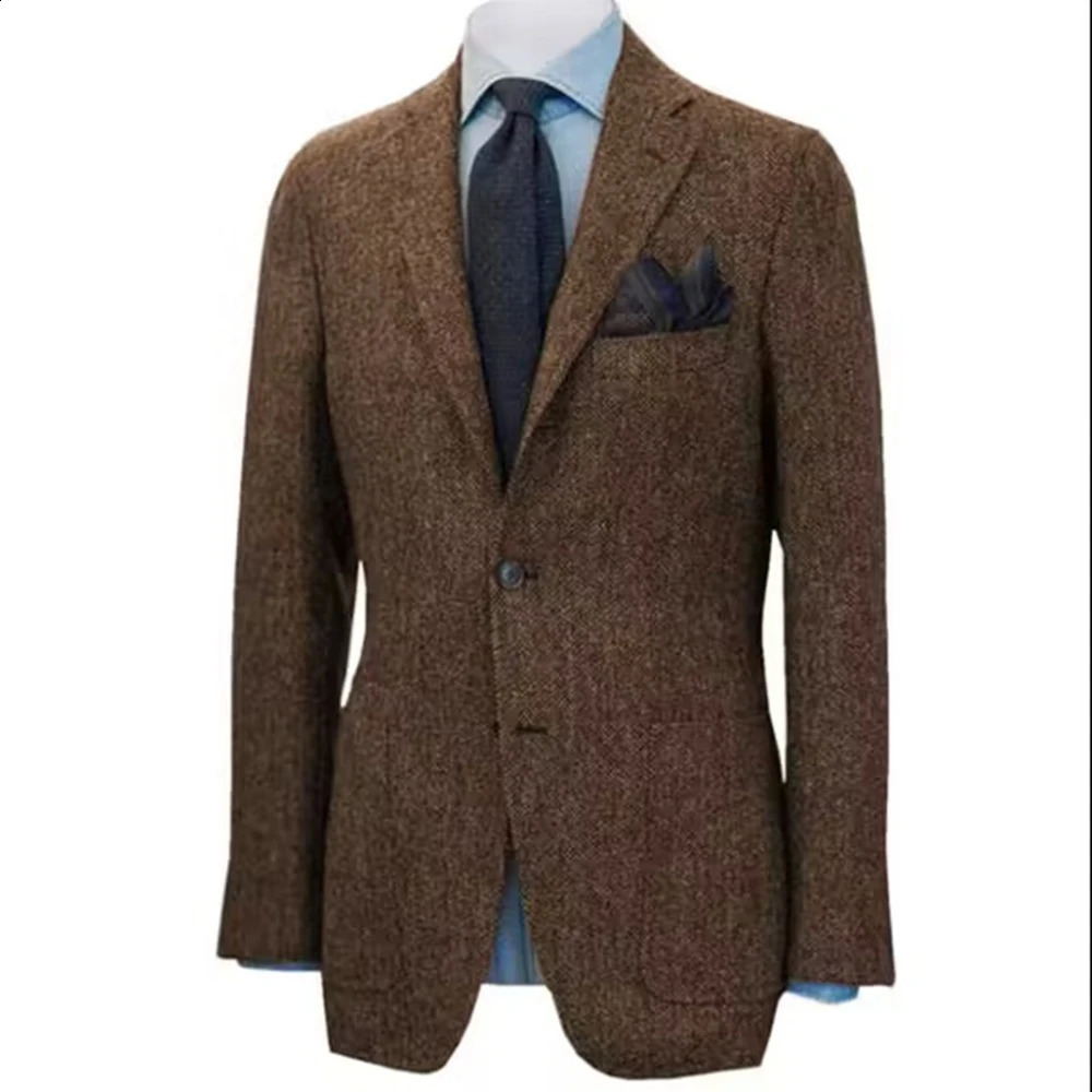 Mens Suit Brown Herringbone Blazer Prom Tuxedos Wool Tweed Single Breasted Formal BussinessWedding Prom JacketOnly Coat 241231