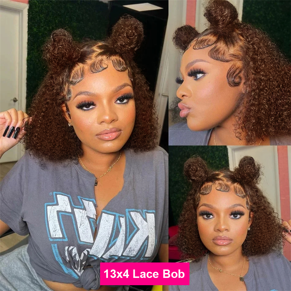 Brown Kinky Curly 13X4 Bob Wigs Brazilian Water Deep Wave Human Hair Wig Preplucked For Woman Short E #4 Color