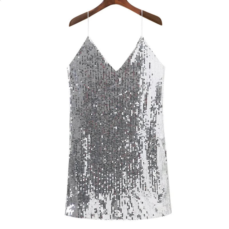 Deep V-neck autumn silver sequin backless sexy dress womens shoulder mini dress Christmas party club shoulder strap dress Vestitos 241231