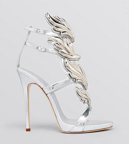 Novelty Style High Heel Open-Toe For Women Gold Leaf Decoration Sier Sandals Buckle Strap Banquet Shoes