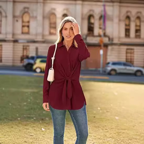 Womens Button Up Shirt Long Sleeved Waistband Lace Up Slit Dress Shirt Casual Top