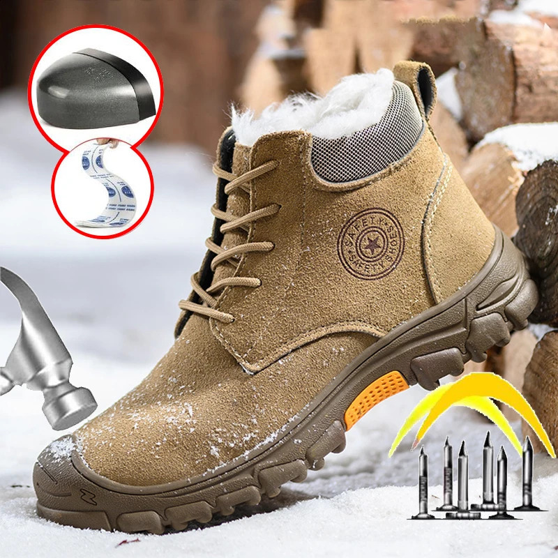 Mens High Top Cotton Boots Winter Thick Velvet Warm Safety Shoes Anti Smashing Piercing Work Boot Steel Toe Shoe 241225