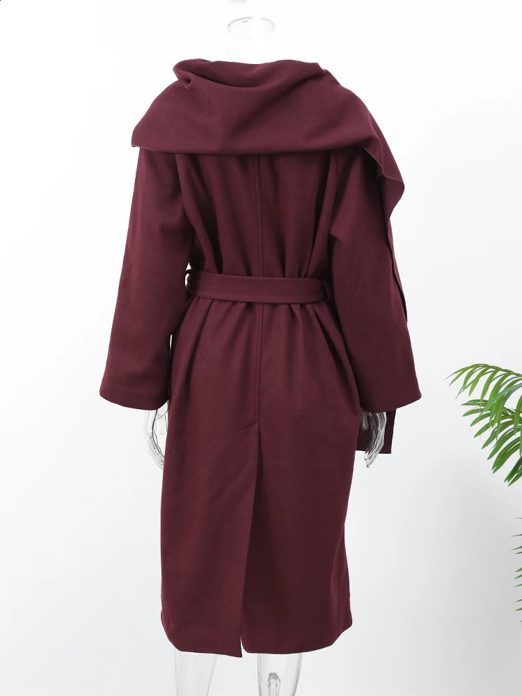 Womens Chic Burgundy Scarf Collar Woolen Long Coat Elegant Loose Full Sleeve Overcoat With Belt 2024 Autumn Winter Lady Outwear 241231Z