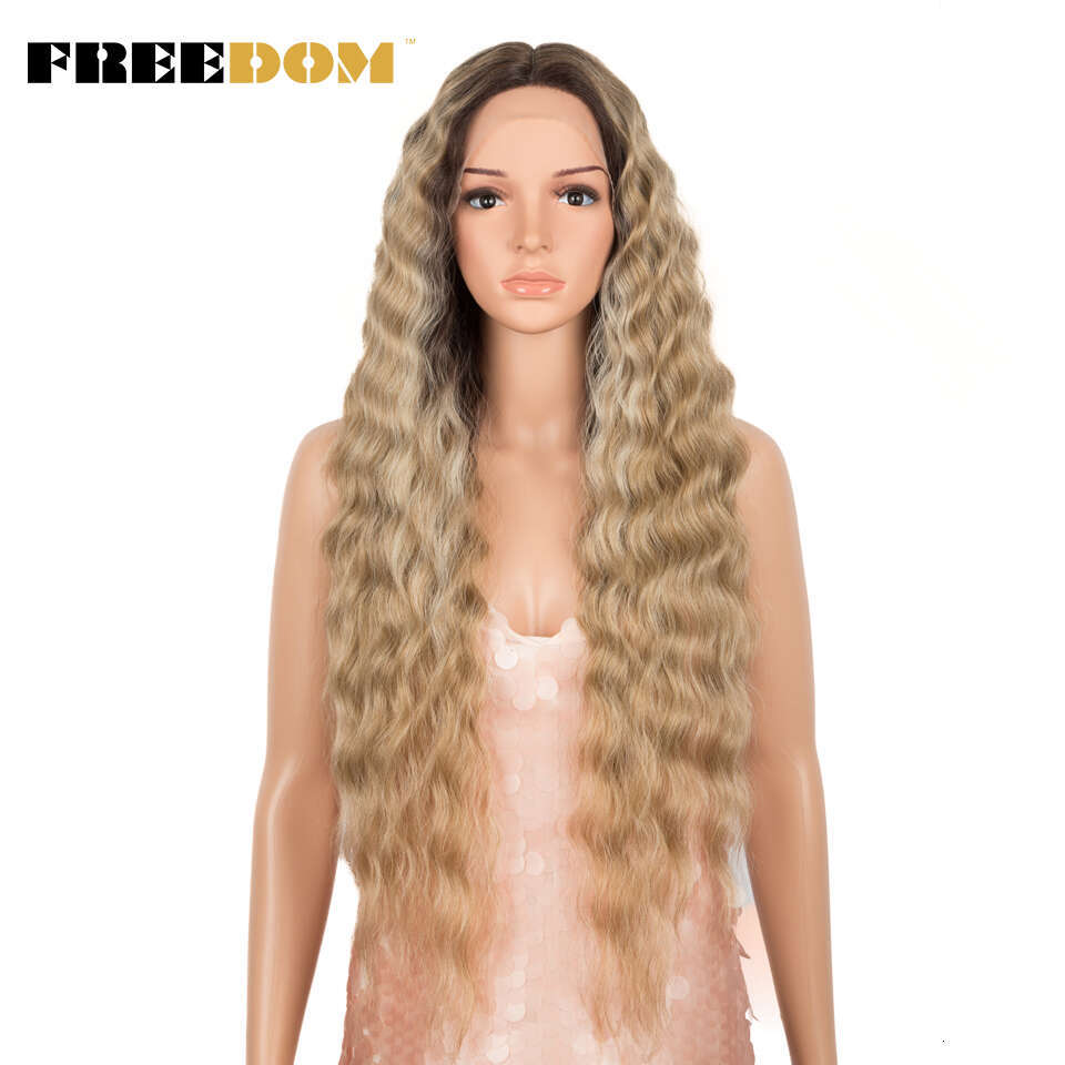 Lace Wig Long Deep Wavy Ombre Blonde High Temperature Synthetic For Black Women Cosplay Wigs